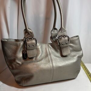 Tignanello Pewter Metallic Textured Pebbled Leather Shoulder Bag